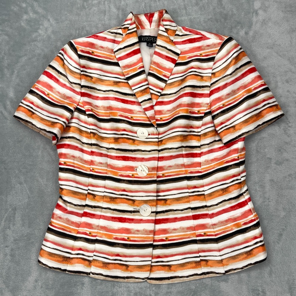 Kasper Blazer Jacket Women 10 Multicolor Striped Lined Short Sleeve Button Front